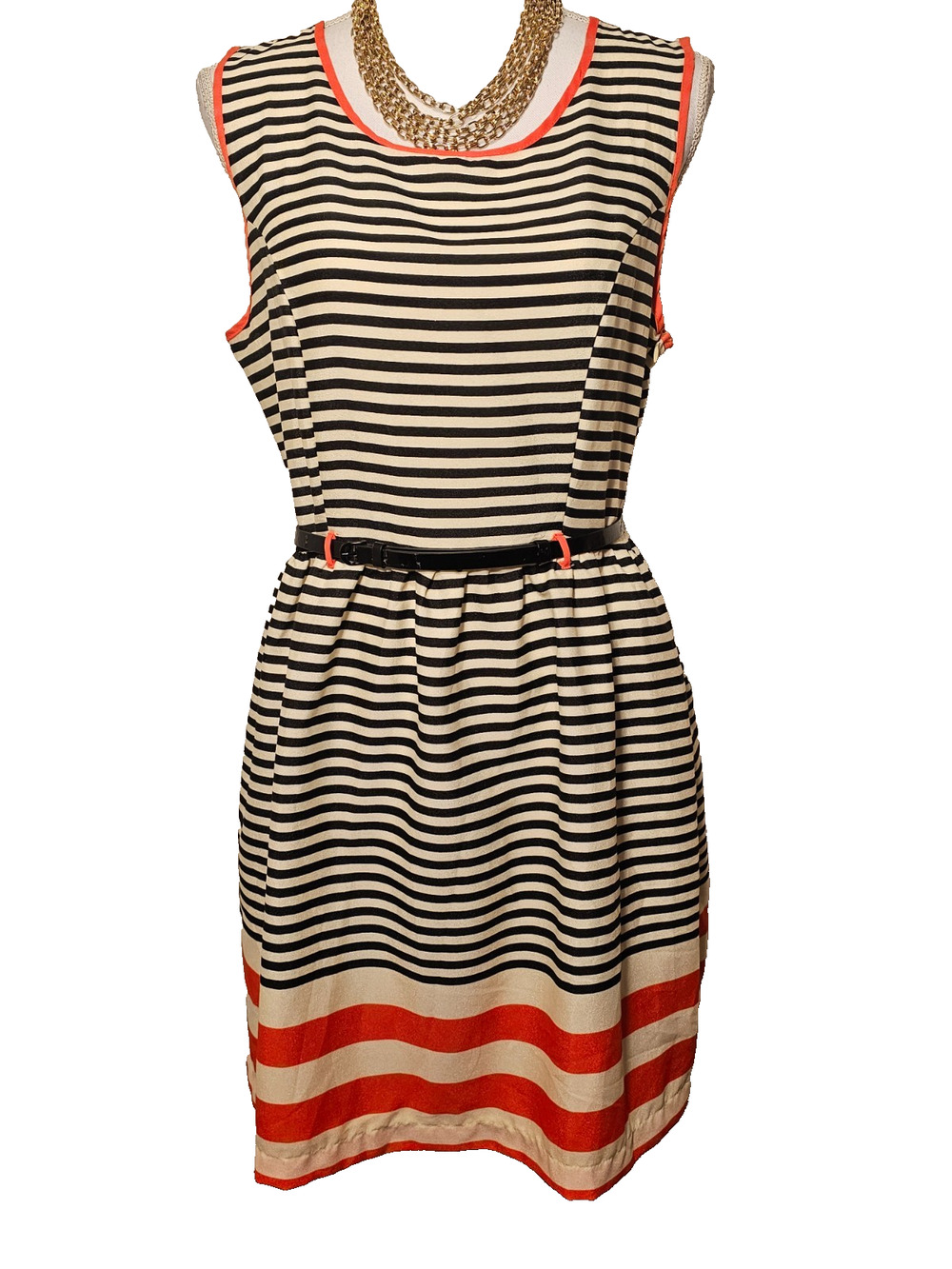 Manteau Womens Large Black White Red Striped Belted Dress Retro Style Shift